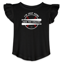 Load image into Gallery viewer, I&#39;m Just Here for the Snacks Baseball Toddler Girls Flutter T-shirt - black
