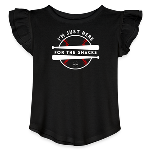 I'm Just Here for the Snacks Baseball Toddler Girls Flutter T-shirt - black