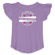 Load image into Gallery viewer, I&#39;m Just Here for the Snacks Baseball Toddler Girls Flutter T-shirt - lavender
