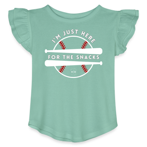 I'm Just Here for the Snacks Baseball Toddler Girls Flutter T-shirt - saltwater