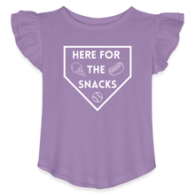 Load image into Gallery viewer, I&#39;m Just Here for the Snacks Baseball Toddler Girls Flutter T-shirt - lavender
