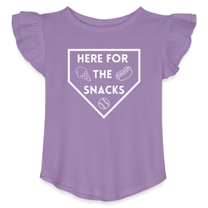 I'm Just Here for the Snacks Baseball Toddler Girls Flutter T-shirt - lavender