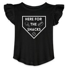 Load image into Gallery viewer, I&#39;m Just Here for the Snacks Baseball Toddler Girls Flutter T-shirt - black
