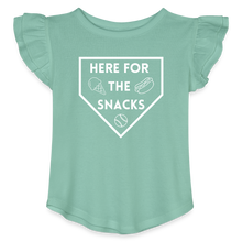 Load image into Gallery viewer, I&#39;m Just Here for the Snacks Baseball Toddler Girls Flutter T-shirt - saltwater
