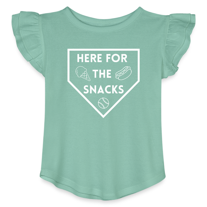 I'm Just Here for the Snacks Baseball Toddler Girls Flutter T-shirt - saltwater