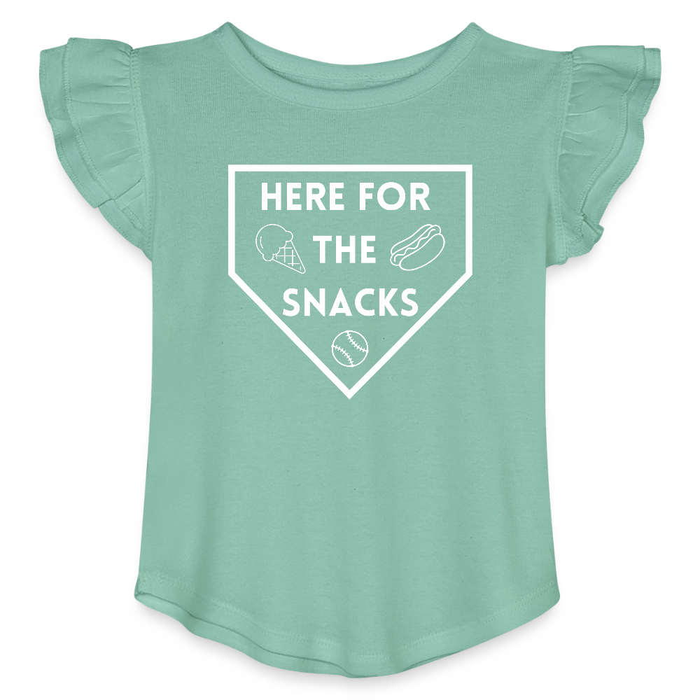 I'm Just Here for the Snacks Baseball Toddler Girls Flutter T-shirt - saltwater