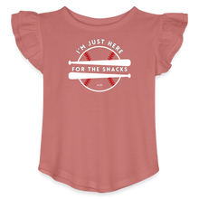 Load image into Gallery viewer, I&#39;m Just Here for the Snacks Baseball Toddler Girls Flutter T-shirt - mauve
