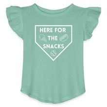 Load image into Gallery viewer, I&#39;m Just Here for the Snacks Baseball Toddler Girls Flutter T-shirt - saltwater
