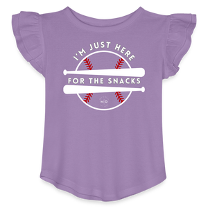 I'm Just Here for the Snacks Baseball Toddler Girls Flutter T-shirt - lavender