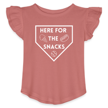 Load image into Gallery viewer, I&#39;m Just Here for the Snacks Baseball Toddler Girls Flutter T-shirt - mauve
