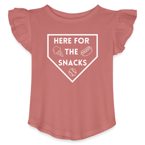 I'm Just Here for the Snacks Baseball Toddler Girls Flutter T-shirt - mauve