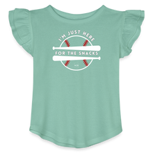 Load image into Gallery viewer, I&#39;m Just Here for the Snacks Baseball Toddler Girls Flutter T-shirt - saltwater
