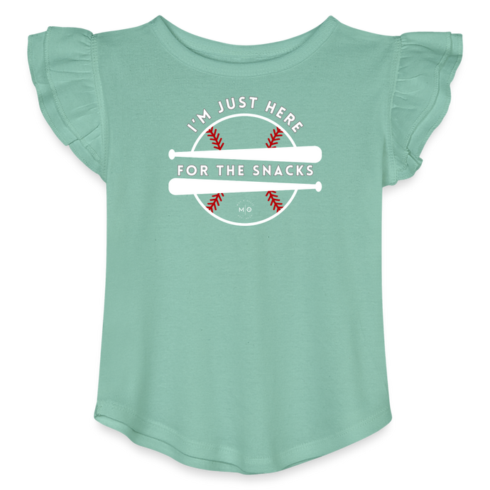 I'm Just Here for the Snacks Baseball Toddler Girls Flutter T-shirt - saltwater