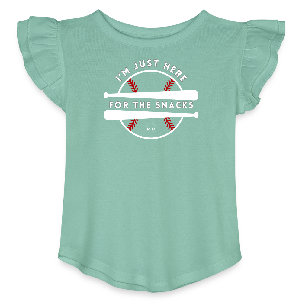 I'm Just Here for the Snacks Baseball Toddler Girls Flutter T-shirt - saltwater