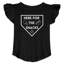 Load image into Gallery viewer, I&#39;m Just Here for the Snacks Baseball Toddler Girls Flutter T-shirt - black
