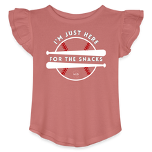 Load image into Gallery viewer, I&#39;m Just Here for the Snacks Baseball Toddler Girls Flutter T-shirt - mauve
