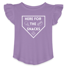 Load image into Gallery viewer, I&#39;m Just Here for the Snacks Baseball Toddler Girls Flutter T-shirt - lavender
