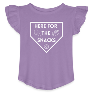 I'm Just Here for the Snacks Baseball Toddler Girls Flutter T-shirt - lavender