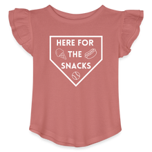 Load image into Gallery viewer, I&#39;m Just Here for the Snacks Baseball Toddler Girls Flutter T-shirt - mauve
