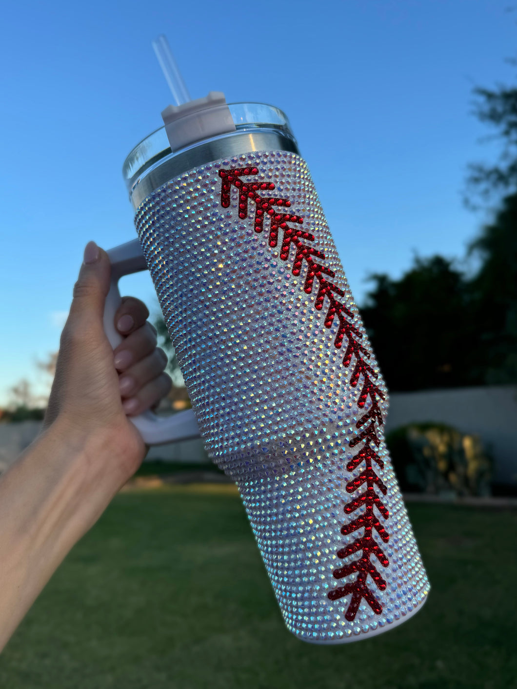 40oz Crystal Red & White Blinged Out Baseball Tumbler