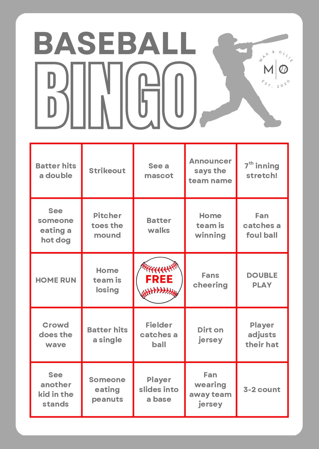 Free Printable Baseball Bingo Cards