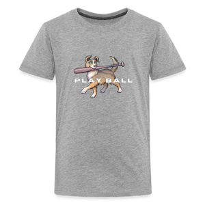 Play Ball! Kids' Premium Dog Holding a Baseball Shirt - heather gray